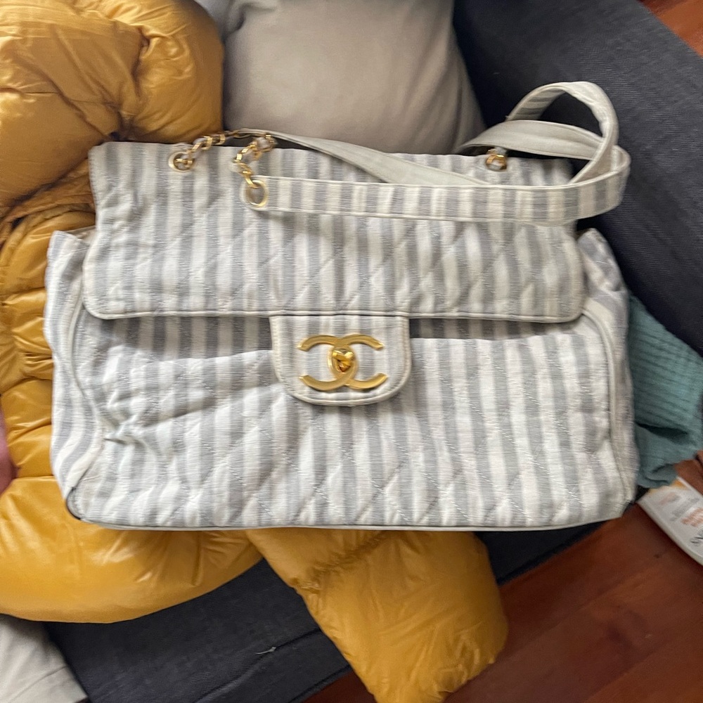 Chanel xl jumbo double flap white and blue striped canvas bag